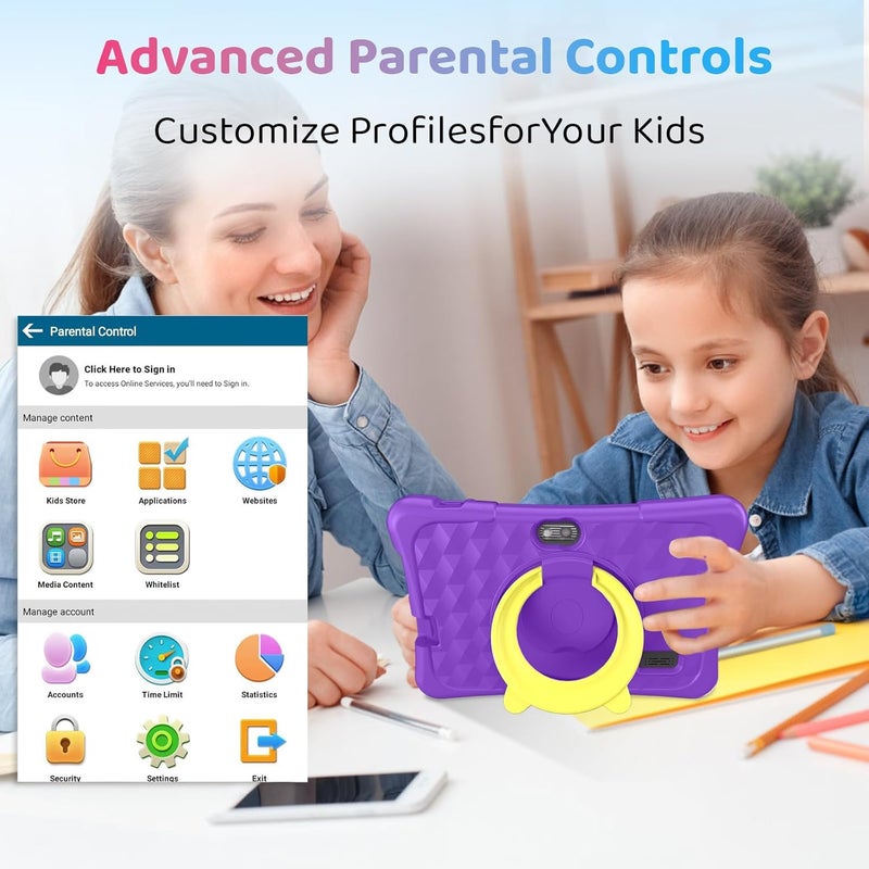 aiprotablet Kids Tablet, 7 inch Android 15 Tablet for Kids, 8GB+32GB 1TB Expand, Quad-Core Toddler Tablets with Shockproof Case, BT5.0, WiFi 5, Parental Control, Games, Dual Camera (Purple) - Image 4